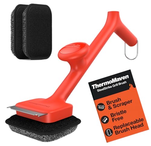 ThermoMaven Bristle-Free BBQ Grill Brush - No Wire Risk Steam Cleaner Removes Burnt Grease Fast - 17' Cool-Touch Handle, Scraper & 3 Replaceable Heads for Gas, Charcoal & Cast Iron