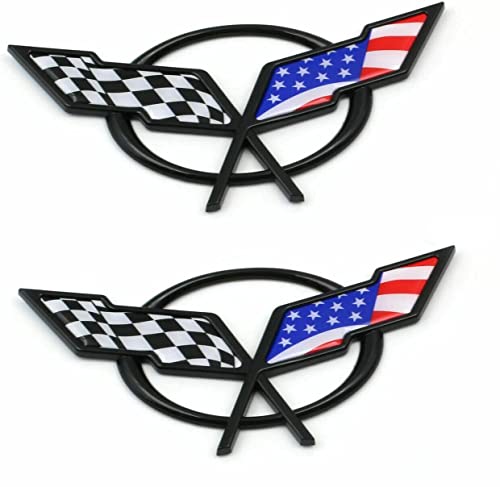 Image of Pair Set 1997-2004 Corvette C5 Front Nose Emblem and Rear Deck Lid 3D Crossed Flags Badge Replacement for Corvette (US Flag)