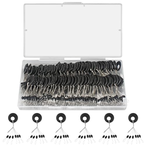 VIPMOON 600 Pieces Fishing Bobber Stopper, Rubber Bobber Stops for Fishing Line, 6 in 1 Oval Shape Floats Sinker Stops, Black, Size XS Slip Bobbers