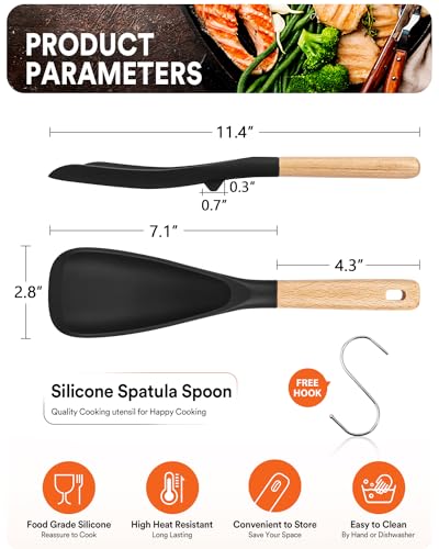 Sturdy Black BPA-Free Silicone Cooking Spoon with Wood Handle