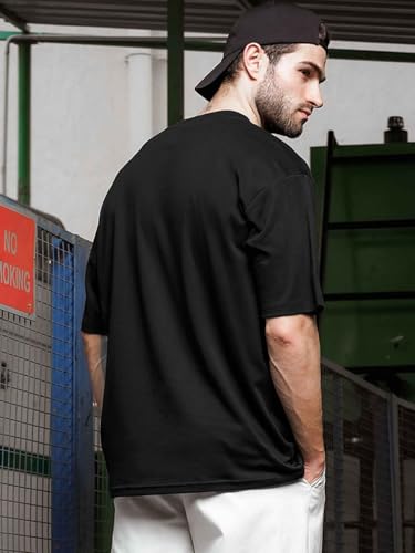 Image of LEOTUDE Oversized Half Sleeve Cottonblend Graphic Print Round Neck Drop Shoulder Baggie Tshirt for Man (Color Black)