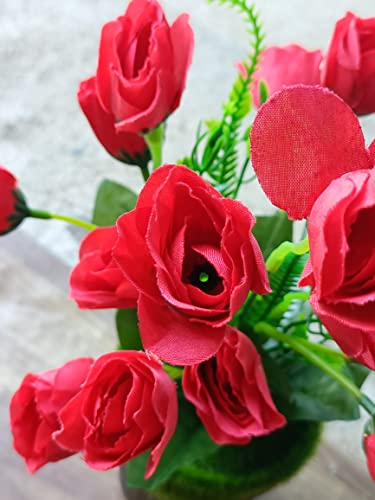 Image of RED Artificial Flower with Realistic Green Leaf Pot /Tree and Real Feeling Romantic Flower for Home Decoration Flower with Vase Pot Bonsai Plant (RED)