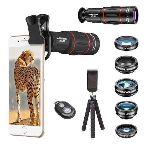 Apexel Handy-Kamera-Objektiv-Set, 18x Teleobjektiv/Weitwinkel- und Makro-Objektiv/Fischaugen/Kaleidoskop-Objektiv/Sternfilter mit Fernauslöser-Stativ für...
