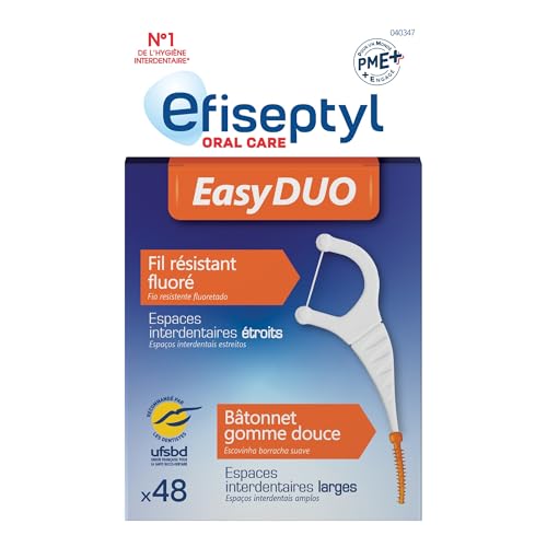 Efiseptyl - Porte-fil Dentaire EasyDuo - Fil Résistant Fluoré - Bâtonnet Gomme Douce - x48