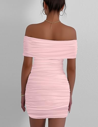 Image of Womens Off Shoulder Sleeveless Bodycon Dresses Ruched Solid Sexy Graduation Cocktail Party Mini Dresses