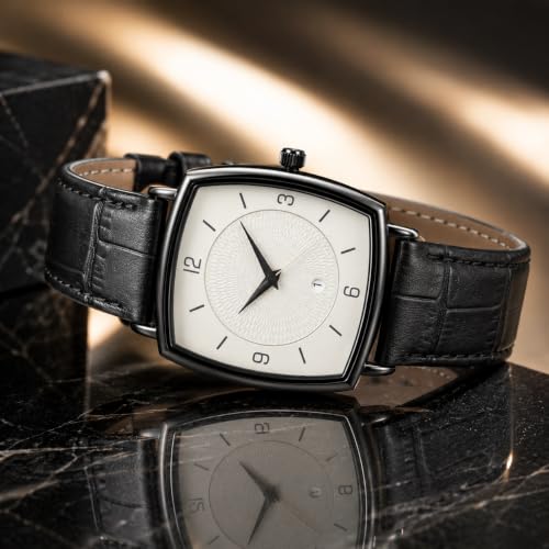 Image of Analog Watch for Man Black Leather Strap White Dial Luxury Rectangle Design