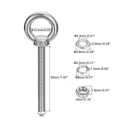 Image of uxcell Lifting Eye Bolt, 2 Sets M5x50mm Eye Bolt with Nut Washer 304 Stainless Steel Shoulder Lifting Ring Eye Bolt for Hanging Item