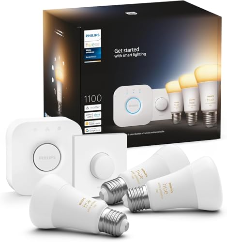 Philips Hue Kit de démarrage White Ambiance : 3 Ampoules LED Intelligentes et connectées E27, Pont de Connexion, Bouton Smart Hue, Compatible Bluetooth,...
