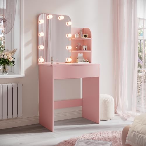 SUNXURY Coiffeuse pour enfant avec éclairage LED - Avec miroir et tiroir - Pour fille - 700 x 400 x 1400 mm - Rose