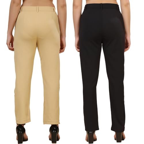 Image of Pack of 2 Women's Regular Fit Solid Cotton Blend Trousers - Soft, Breathable & Stretchable Bottom Wear for Office, Casual Outings & Daily Comfort