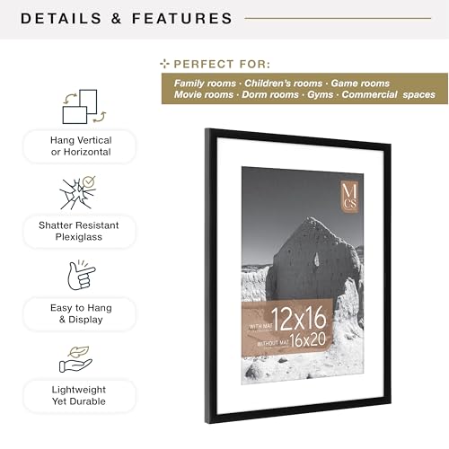 Image of MCS Everline Poster Frame, 16x20 Matted to 12x16, Black | Matted Poster Frame For Photos & Art Prints, 16x20 Inch Outer, 12x16 Inch Picture Window, Black Finish, 1-Pack