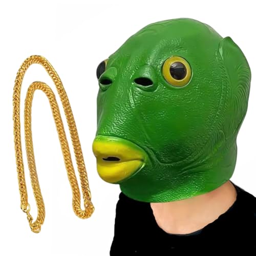 Máscara de peixe, máscara de peixe verde, Green Fish Head Monster Fish Mask Headgear, máscaras de cabeça de animal de látex realistas para carnaval, festa, decoração divertida, acessório de conjunto