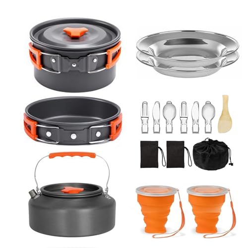 Comparison: Best Non Stick Backpacking Cookware 11 Camping Cookware Camping Cooking Set, Non-Stick Hard-Anodized Aluminum Pot & Pan with Kettle, 2 Forks Knives Spoons, 2 Plates & Folding Cups, Compact Backpacking Cookware for 2-3 People, Camping Gift