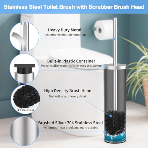 Image of Stainless Steel Toilet Brush and Holder Set Brushed Silver Heavy Duty Toilet Bowl Brush with Long Handle for Bathroom and Farmhouse (Silver-2)