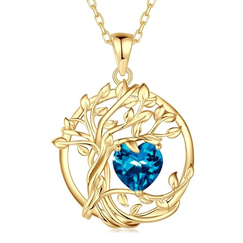 FANCIME Collier Pendentif Arbre de Vie Femme, Pendentif Arbre Plaqué Or 14K avec Pierres de Topaze, Bijou Cadeau Anniversaire pour Elle, Longueur de Chaîne : 40+5 cm
