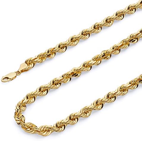 TWJC 14k REAL Yellow Gold SOLID Men's 5mm Rope Diamond Cut Chain Necklace with Lobster Claw Clasp - 24"