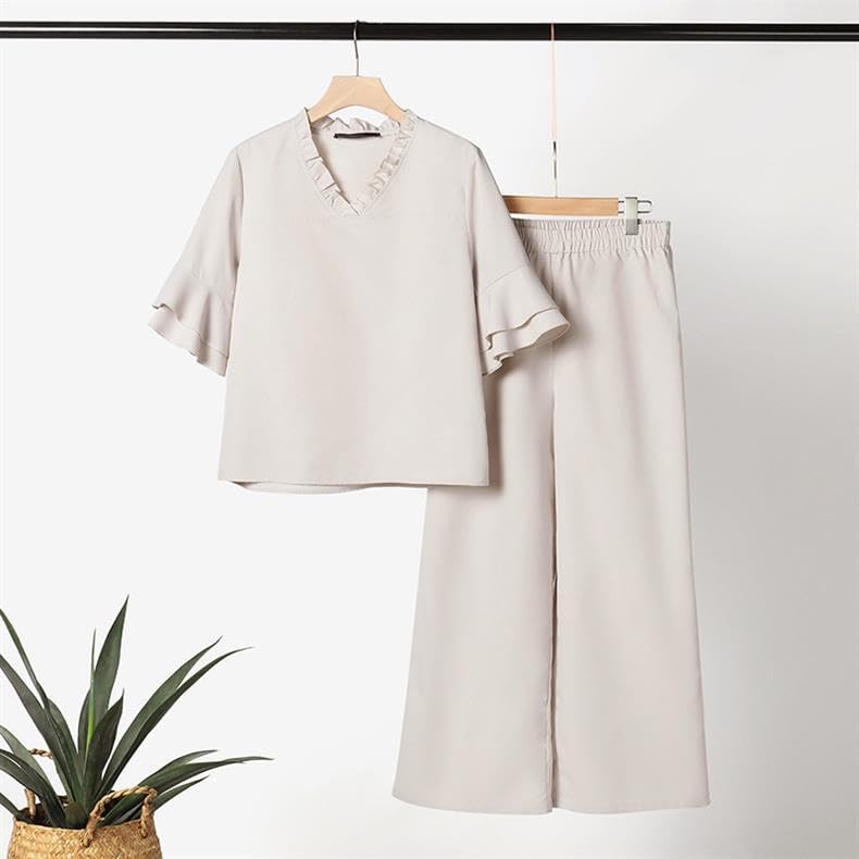 Womens 2 Piece Linen Outfits Half Sleeve Crop Top Wide Leg Pants Linen Sets Lounge Matching Sets with Pockets3