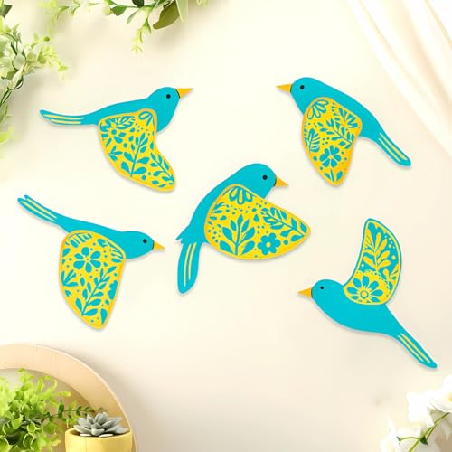 Image of GiftOday Wooden 3D 5 Pieces Birds for Wall Art Panel | Wood Bird Folk Art Wall Hanging Art Decoration Item for Living Room, Bedroom, Drawing Room, Dining Room & Office (Aqua) Pack of 1