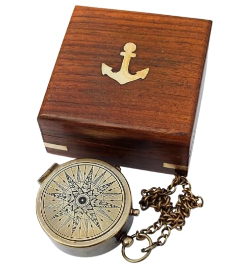Brújula Náutica de Latón Antigua con Caja de Madera – Regalo Marinero Vintage con Diseño de Ancla