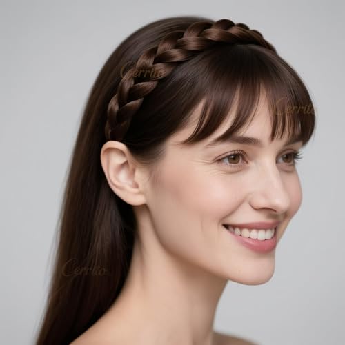 Image of Cerrito Synthetic Braided Hair Headband Set of 2 | Plaited Wig Band with Teeth Hairband For Woman | Elastic Headband For Extension, Ponytails, Bun & Juda | Hair Accessories for Women & Girls (Brown)
