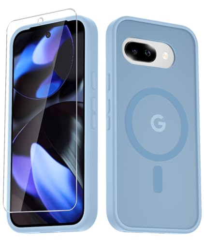 LATVIN Phone Cover for Google Pixel 9a Case | with 1 Screen Protector, Compatible with MagSafe, Magnetic, Military Grade Protection, Translucent Matte Frosted Back, Light Blue