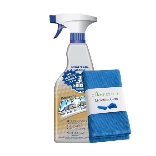 Campester Microfiber Cloth with More Spray + Foam Cleaner 25.4 oz – Dual Spray & Foam Action Rust + Stain Remover for Stainless Steel, Glass, Ceramic, Faucets & Bathroom Surfaces