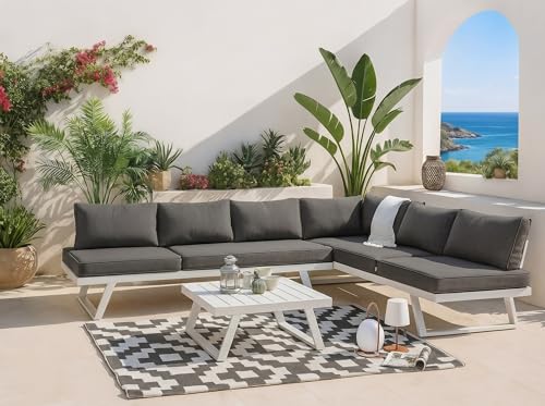 MOMMAHOME Conjunto Muebles de Jardín de exterior, Rinconera Convertible Multifunción Aluminio Blanco, Muebles para terraza/Exterior, Set de Aluminio con mesa de centro, Cojines tejido Gris | VALENCIA