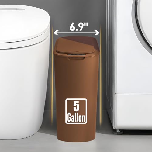 Image of TIPGO 5 Gallon Motion Senor Bathroom Trash Can with Lid, Automatic Garbage Can Touchless, Smart Plastic Waste Basket for Narrow Spaces, Bathroom, Office, Bedroom, Living Room (Brown)