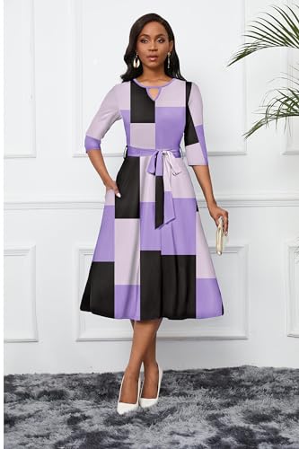 Image of CLOCOR Midi Dresses for Women Casual A-Line Fit and Flare Dress Crewneck 3 /4 Sleeve Keyhole Cocktail Party Church Dress