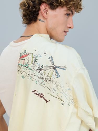 Image of The Souled Store Earthbound Hawaiian Shirt: Men and Boys Short Sleeves Collared Neck Embroidered Cotton Blend Oversized Casual Shirt