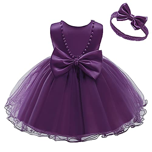 NSSMWTTC Baby Girl Easter Backless Dresses Bowknot Toddler Kid Pearls Ruffles Christmas Formal Dress Tutu Frocks (Dark Purple,80)