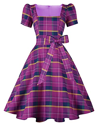 OBBUE Women's Square Neck Dress Vintage 1950s Cocktail Party Dress with Puff Sleeves Fuchsia Plaid XS