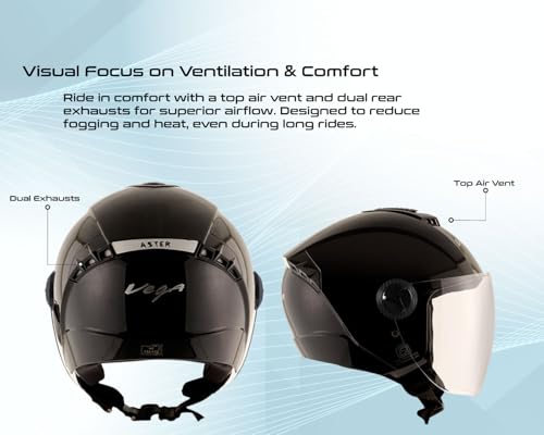 Image of Vega Aster Dx ISI Certified Full Face Motorcycle Helmet with Durable ABS Outer Shell High Density EPS Liner Scratch Resistant Visor Quick Release Buckle Comfortable Inner Padding Black Helmet-L