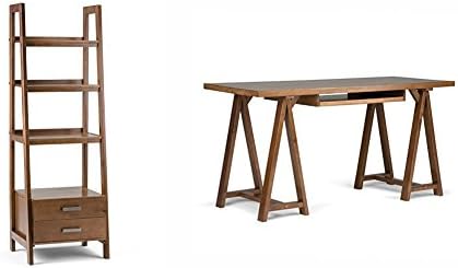 Simpli Home Sawhorse Ladder Shelf Bookcase with Storage, Medium Saddle Brown + Simpli Home Sawhorse Office Desk, Medium Saddle Brown :Bundle