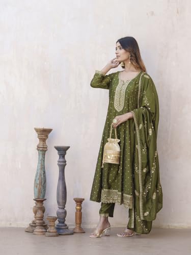 Image of Kaari Women's Embroidered Kurta Set with Dupatta - Festive Kurta Set for Women Polyester Blend