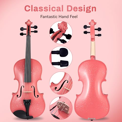 Image of Poseidon Violin for Beginner, Pink Violin Set with Acoustic Violin Fiddle for Students Violin Starter Kit /Hard Case, Bow, Rosin, Horse Bridge, Extra Strings, Shoulder Rest, Tuner, Instruction Manual
