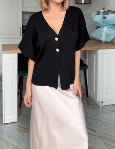Oversized Short Sleeve Cardigan Sweaters for Women Lightweight V-Neck Knit Button Front Casual Summer Outerwear4