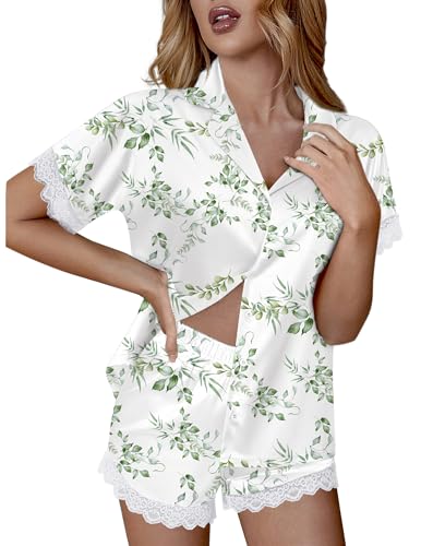 Image of Ekouaer Womens Lace Satin Pajama Set Button Down Pj Shorts Set Bridesmaids Getting Ready Outfits Casual Sleepwear XS-XXL
