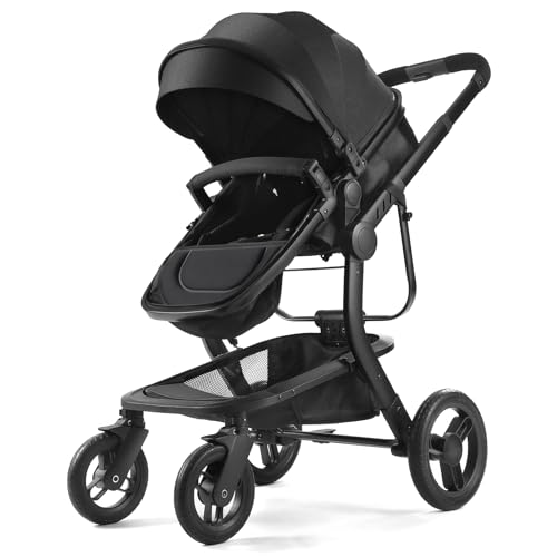 Image of 2-in-1 Convertible Baby Stroller with Aluminum Frame & Linen, Bassinet Stroller with Rubber Wheels, Foldable Infant Stroller with Reversible Seat, Adjustable Backrest & Canopy, for 0-36 Months, Black