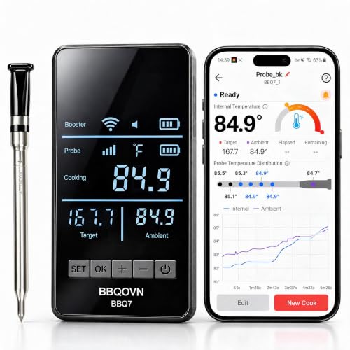 Smart WiFi Wireless Meat Thermometer Unlimited Range 7 NIST Cert.Sensors Accuracy ±0.5°F Sub-1G (10X Stronger Than Bluetooth) APP&Digital Base,Monitor for BBQ, Grill,Oven, Smoker(1, Black, Small)