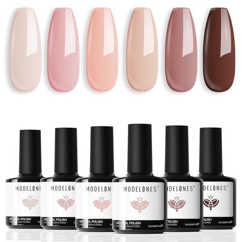 modelones Gel Nail Polish Kit -6 Colors Nude Pink Milky White Gel Polish Set Skin Tones Neutral Brown Soak Off Gel Nail Kit Manicure DIY Nail Art Salon Home Gift