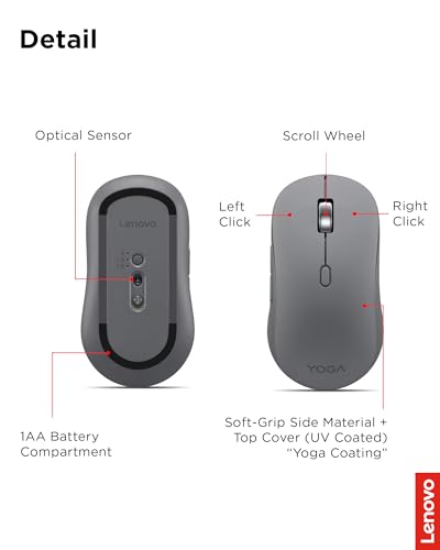 Image of Lenovo Yoga Bluetooth Silent Mouse, 3 Level DPI Adjustment, 36 Month Battery Life, Bluetooth 5.3, 3 Device Paring, Whisper Quiet, Programmable Buttons, Smooth Finish, Luna Grey
