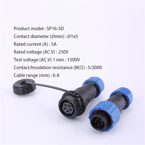 Conector SP16 impermeable de aviación con cable de acoplamiento macho hembra de 5 pines (SP16-5D) 2