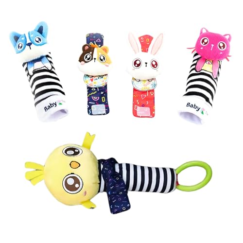 BABY K Baby Rattle Socks & Hand Rattle for Girls & Boys (Pet+Bird Set D) - Baby Toys 6-12 Months - Baby Wrist Rattles and Foot Rattles - Baby Toys for Newborns As Gift - Easy to Wear Baby Rattle Toys