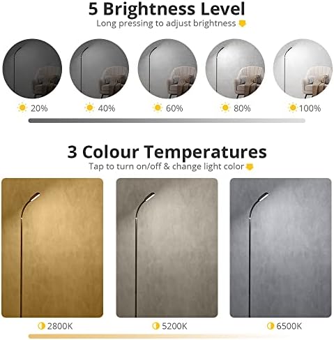 IPARTS EXPERT LED Floor Lamp, Cordless Floor Lamp for Living Room Bedroom Office Desk Lamp Touch Control 3 Colors Temperatures 5 Brightness Gooseneck Dimmable Standing Lamp
