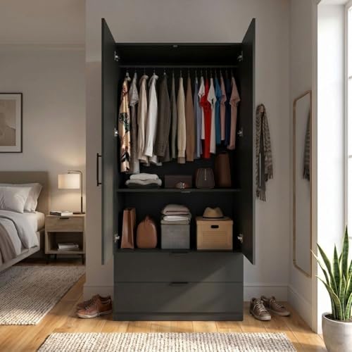 Image of FFO Keris 2 Door Wardrobe with 2 Drawers, Hanging Rod & Storage Shelves | Modern Clothes Almirah Cabinet with Lock & Black Handles for Home Black DIY.