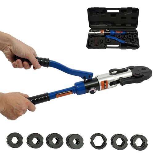 ieLsngai Pince à Sertir Hydraulique avec Contour en V 10T, Professionnelle Entraînement Hydraulique pour Tube en Cuivre, avec 7 Inserts de Sertissage V12/14/15/16/18/22/28 mm