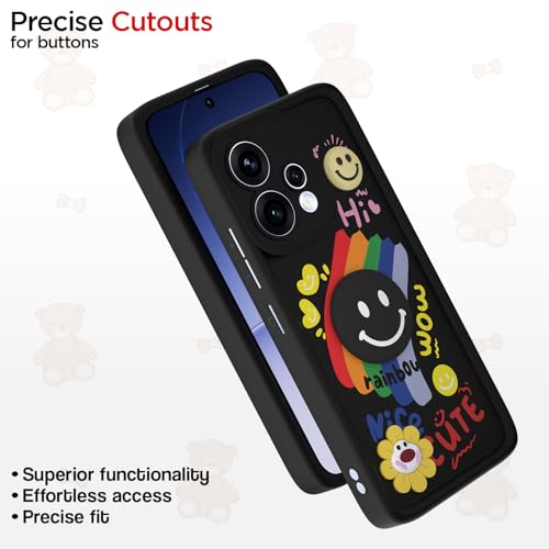 Image of Pikkme Back Cover for Oppo Reno 15 5G | Soft Silicone| Cute Rainbow Smile & 3D Cartoon Flower Design | Shockproof Raised Camera Protection Bumper Case (Black)