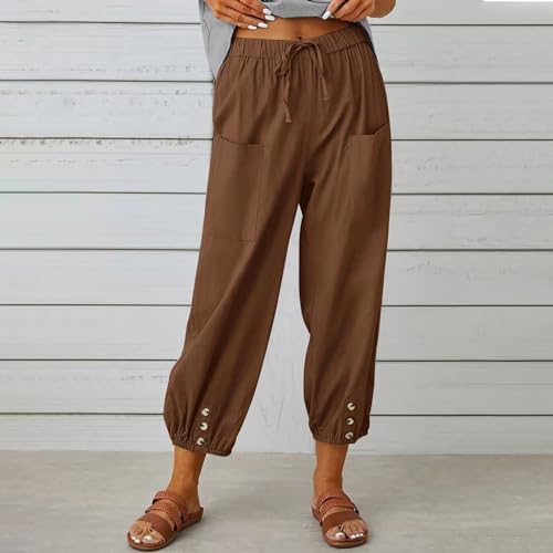 Womens Casual Loose Capris Pants Summer Wide Leg Lantern Linen Trousers with Pockets2