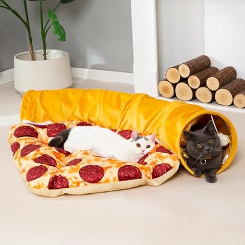 LUCKITTY Cat Tunnel Bed - Peek-a-Boo Pizza Shape Design for Cozy and Playful Animals - 9.8 -Inch Diameter Yellow Cover